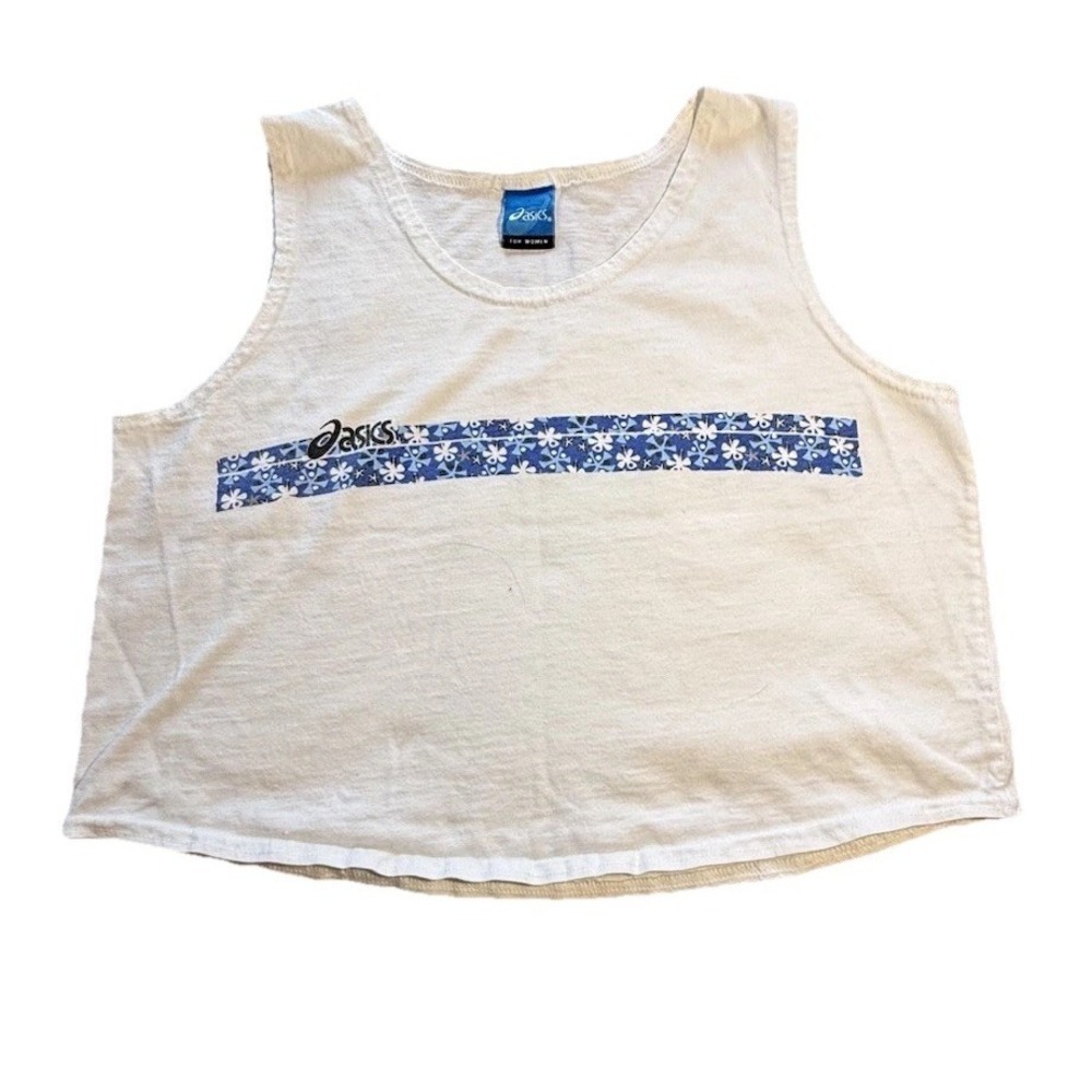 Vintage ASICS White Sleeveless Athletic Crop Tank Top Blue Floral Stripe